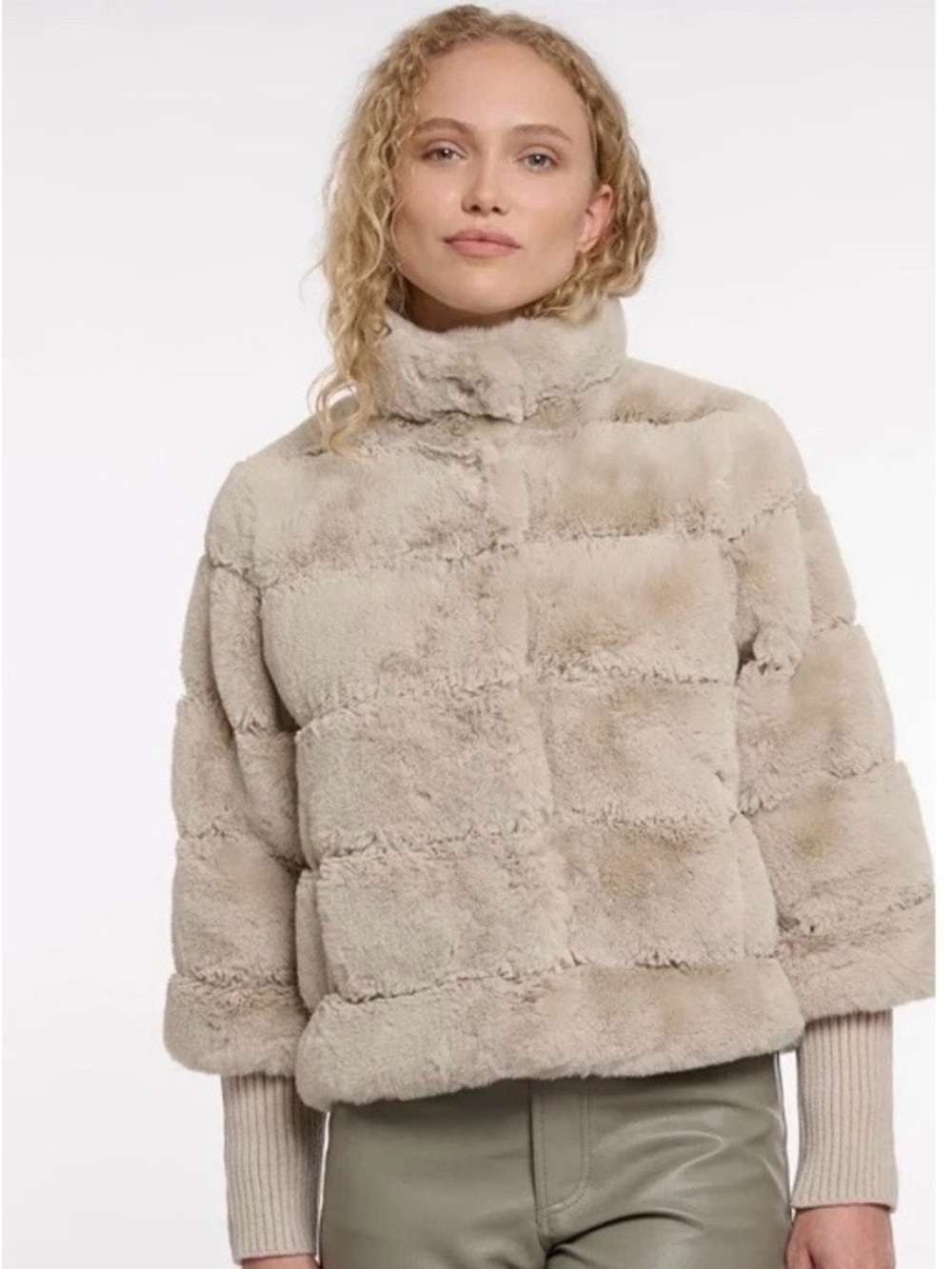 Rino Pelle FELINE FAUX FUR JACKET WITH KNITTED SLEEVES BIRCH Retails $198